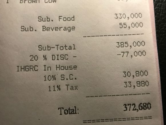 Confirmed at Sunset Bar
IHG - status members dining discount of 20% applied
