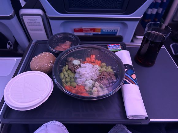 Pre-arrival meal, duck poké bowl with a hot apple pie. This meal was especially good and a nice upgrade over the usual stuff you’d get before arrival 