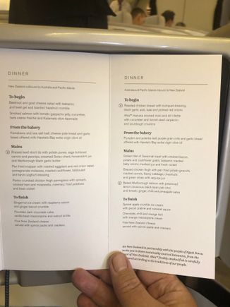 Afternoon dinner / dinner menu ex Auckland to Aust and Pacific islands, new Nov cycle