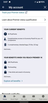 My phone app, showing the benefits I am supposedly entitled to as a Premier Platinum member in 2021