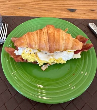 Bacon, cheese, eggs and bechamel on a croissant (see above concerning the croissants we made). 
