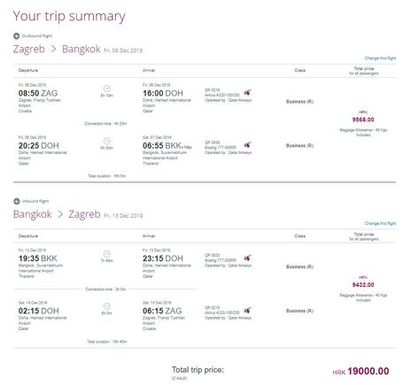 My sample itinerary travelling business class Zagreb to Bangkok