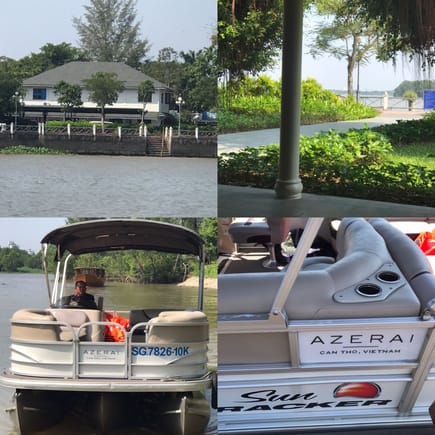 A view of the arrival building, a view from the building to the dock, and views of the Azerai boat.  