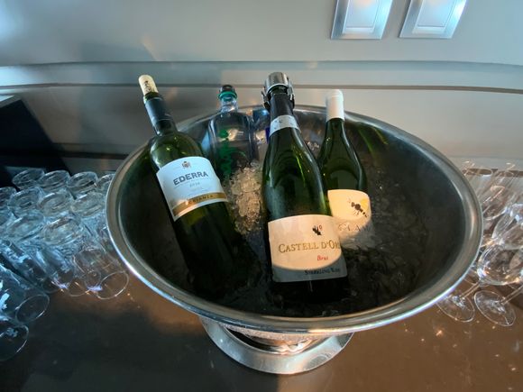 Cava, wine and beer in the fridge.
