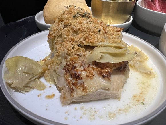 Roasted chicken - braised artichokes, mint, rosemary breadcrumbs


