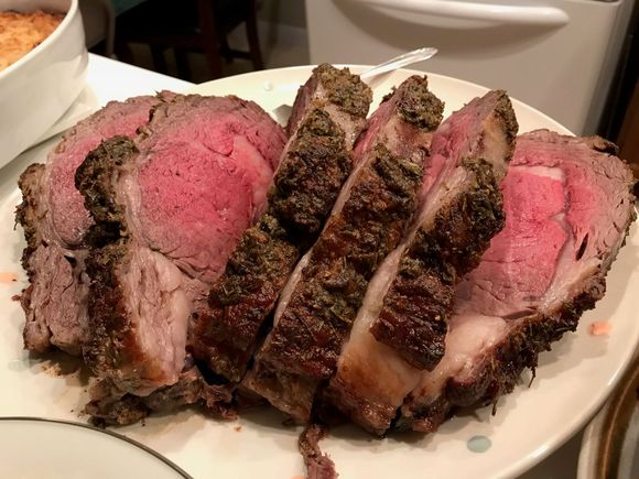 Herb-crusted ribeye roast.