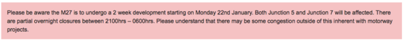 Motorway disruption affecting hotel notice.