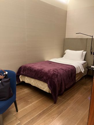 Twin bed with burgundy inflight blanket throw 