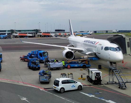 Air France Airbus A220 at the gate at Amsterdam airport 