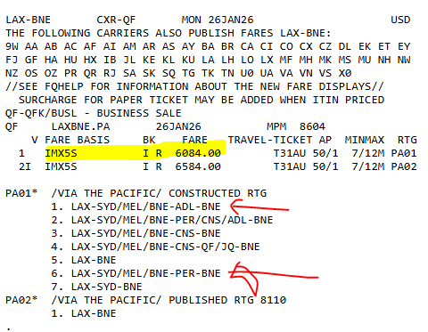 LAX-BNE fare routing allowable