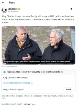 CBS News, has clarified the position of King Charles II, who died in 1685, on the Jeffrey Epstein case. :-)