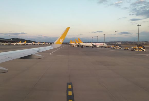 A majority of Pegasus Airlines planes on the apron at Sabiha Gökcen (SAW) airport 