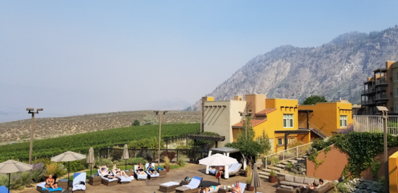 View from the restaurant's patio over the adult pool. Anarchist Mountain in the background. Smoky from the wildfires.