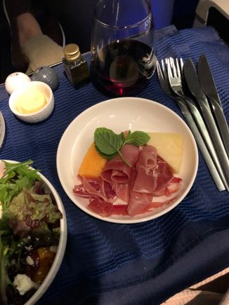 Chilled appetizer. Was very good, but would have preferred another slice of melon as the ratio of prosciutto to melon was a bit off. 