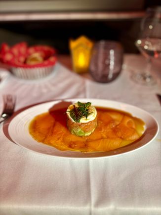 Smoked Scottish Salmon Carpaccio with avocado and ricotta ponzu and truffle dressing - the Ponzu was a bit too salty 8/10