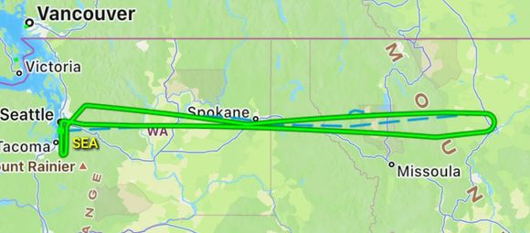 Flight path image from SEA to near Missoula, MT and then back to SEA. 