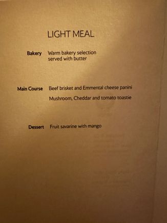Light meal after take off. The beef brisket option was great and wished I asked for another serving