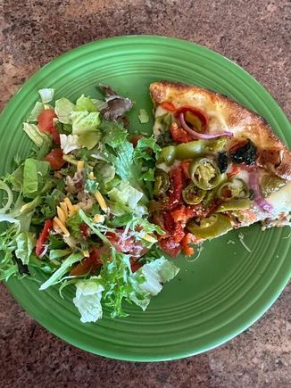 Leftover salad from Wendy’s with leftover pizza from Fired Pie. Back to Christmas leftovers tonight. 