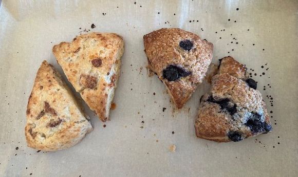 An all scones breakfast. Bacon and cheddar and then blueberry for “dessert”