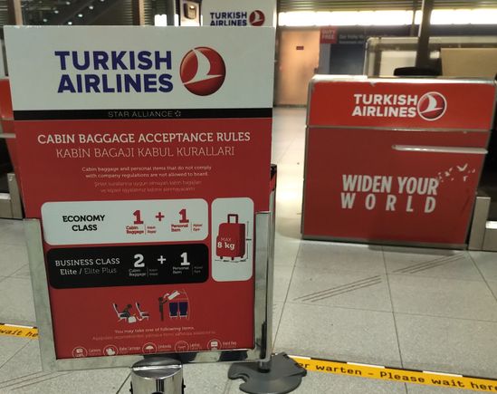 Cabin baggage rules, sign from TK checkin at CGN Sept 2018