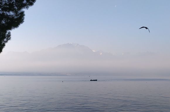 Early morning in late January with a fisherman on the lake and the moon in the background 