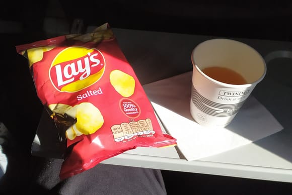 The catering on this SUN-AIR flight was a major disappointment - this was it, a bag of crisps and a beaker of apple juice 