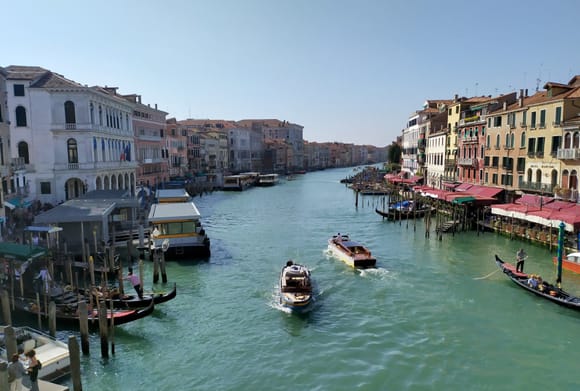 Looking down the Grand Canal from the Rialto bridge in Venice 
