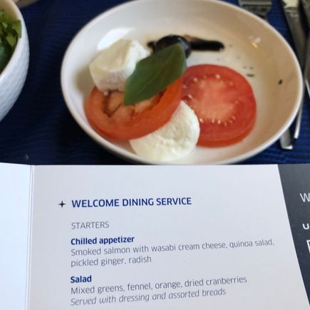 UA couldn't even deliver the slices of smoked salmon on the menu today. Instead it was two slices of mozzarella and two slices of cardboard out-of-season tomatoes. Based on my own work in catering, I'd guess the unit price for this dish was =/- US$0.37.