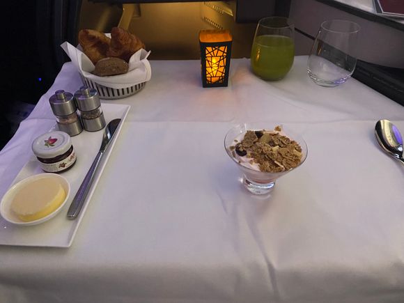 Breakfast appetizer.   They began breakfast 2 hours prior to landing.