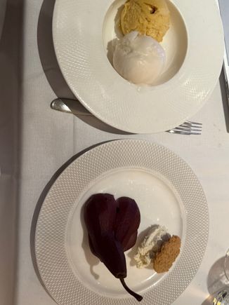 Poached pear and sorbet 