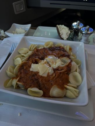 Orecchiette with Bolognese sauce, great flavor, some of the pasta stuck together a bit 