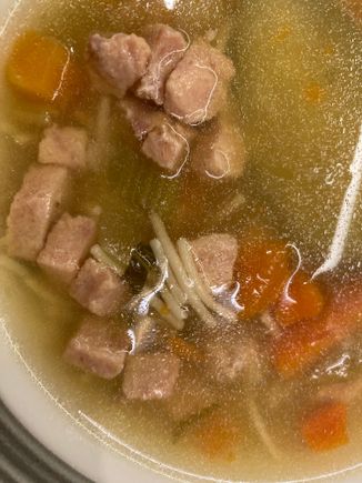 The soup is rich in flavour and generously filled with chicken