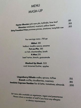 Short and simple, but inspired menu. Our good friend Offerendum will be happy to see there are pescatarian alternatives available, and there is also a decent selection of mocktails