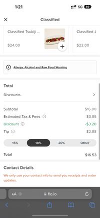 Ordering interface - "discounts" button shown (required to get 20% MileagePlus Visa primary cardholder discount