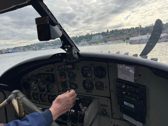 view from Seat 1B on takeoff from Lake Union