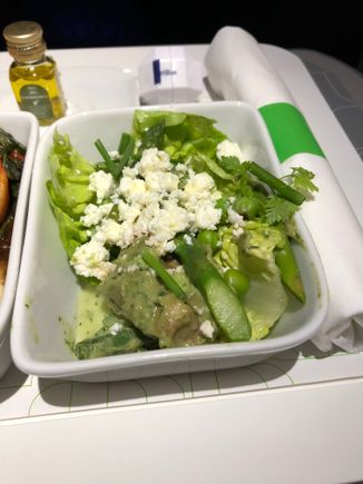 Green Goddess Salad: baby greens, asparagus, green beans, English peas, cucumber, avocado, feta.  OK, but skip the baby greens b/c they just turn to sludge with the dressing.  Stick to more sturdy veg and this can work.