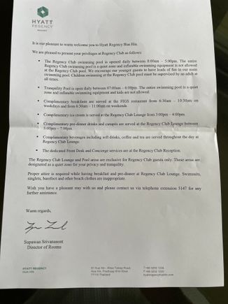 Welcome letter with Regency Club details.  