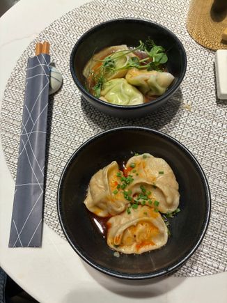 Couldn’t decide between the shrimp and chicken dumplings in chili sauce or the truffle edamame dumplings, so I got both!