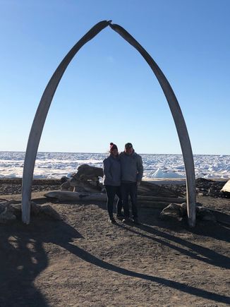 Mr. and Mrs. Geordie405 under the whalebone arch adjacent to the Arctic ocean 
