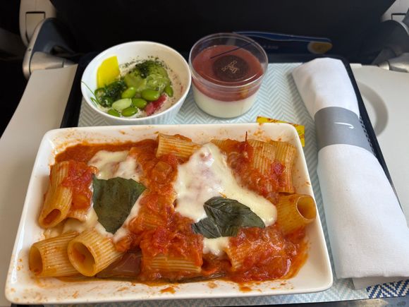 Meal on today’s flight from OLB - LHR

No menus handed out, but other offerings were a prawn coconut curry or a chicken salad.

The pasta was pretty bland.