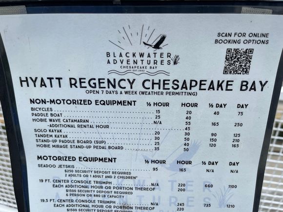 Equipment rental prices (many of these are free at Grand Cypress)