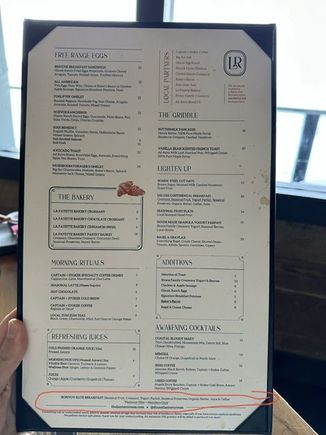 Breakfast menu, including the listing showing the Platinum breakfast on the bottom of the menu.