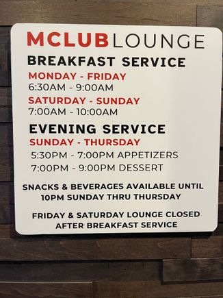 Lounge opening hours as of today. Not sure why the lounge isn’t open on Friday and Saturday. 

Breakfast was okay. Only 3 rotating hot items. Salad, pasties, bread and super mini bagels, oatmeal. Good coffee machine As well as filter coffee. 

Evening snacks were basic. Crudités, a hot rice and meat dish and dessert was a red velvet cake. 