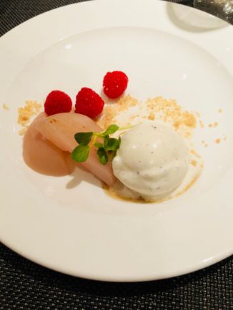 Poached white peach and honey black pepper ice cream in the Concorde Room at Kennedy - de-lish.