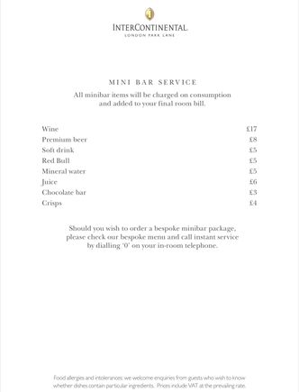 Minibar price list