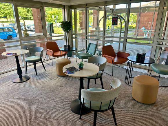 Seating in coffee /vending machine area.