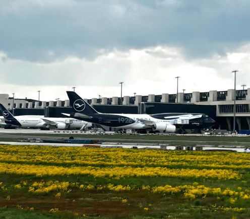 The new Terminal 3 on the south side of the airport with the 100th anniversary colours on a Lufthansa B747-8