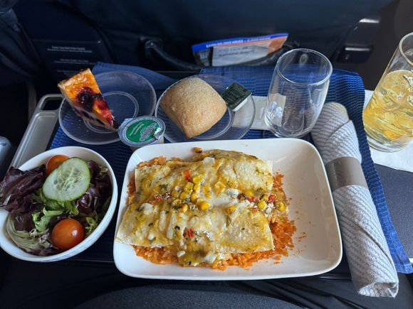 Enchiladas yesterday, EWR-STI. Reasonably tasty, if you keep in mind what they are: basically, a TV dinner. I’m on an airplane, I don’t expect restaurant-quality food. This tasted decent and filled me up. The accompanying salad was fresh, roll was warm, and I agree with others, that blueberry cheesecakey dessert is delicious. 

Also, I had an old-fashioned, but that’s more relevant to another thread. 
