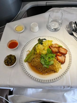 SIN to NRT.  This really hit the spot, very satisfying. I originally chose Lobster Thermidor but a few friends said it was so-so.  Besides I am not really a fan of Lobster anyways. Glad I picked the Char Siew Wanton Mee instead. 10/10.