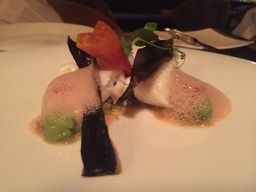 Cod "chaud froid" served with aubergines caviar, pesto cream, mediterranean jelly & cherry tomatoes air